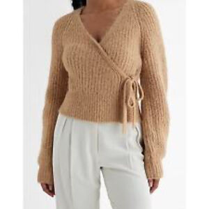 Express Fuzzy Ribbed Surplice Tie Wool Blend Pecan  size XL